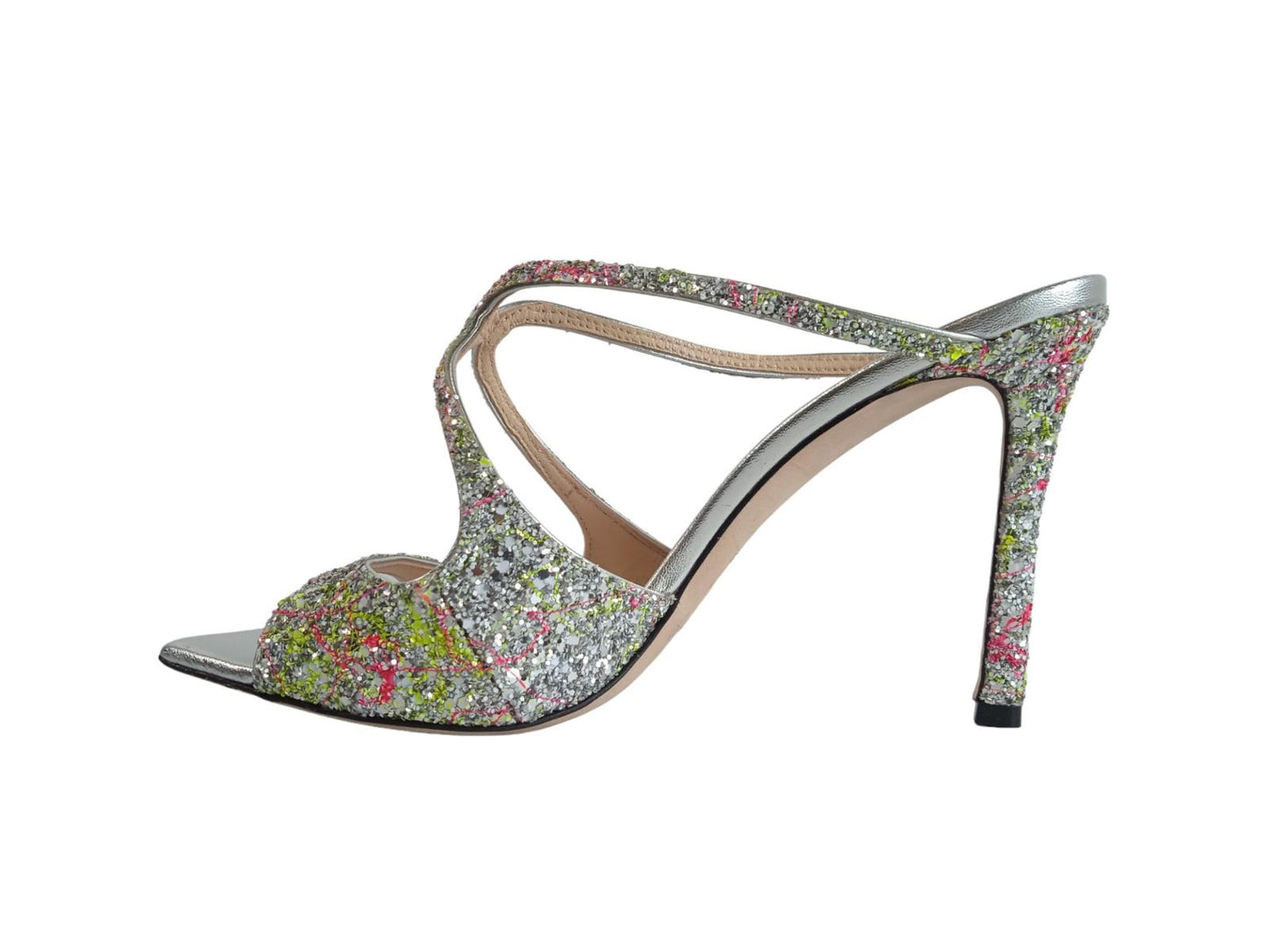 JIMMY CHOO Ladies Silver Glitter Detail Anise 95 Mules Size EU39 UK6 RRP675 NEW
