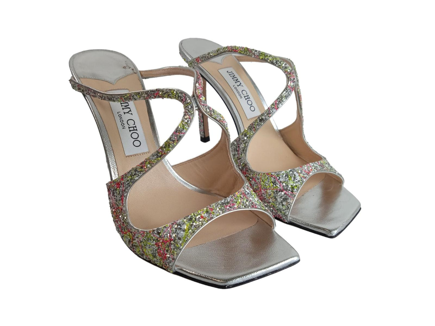 JIMMY CHOO Ladies Silver Glitter Detail Anise 95 Mules Size EU39 UK6 RRP675 NEW