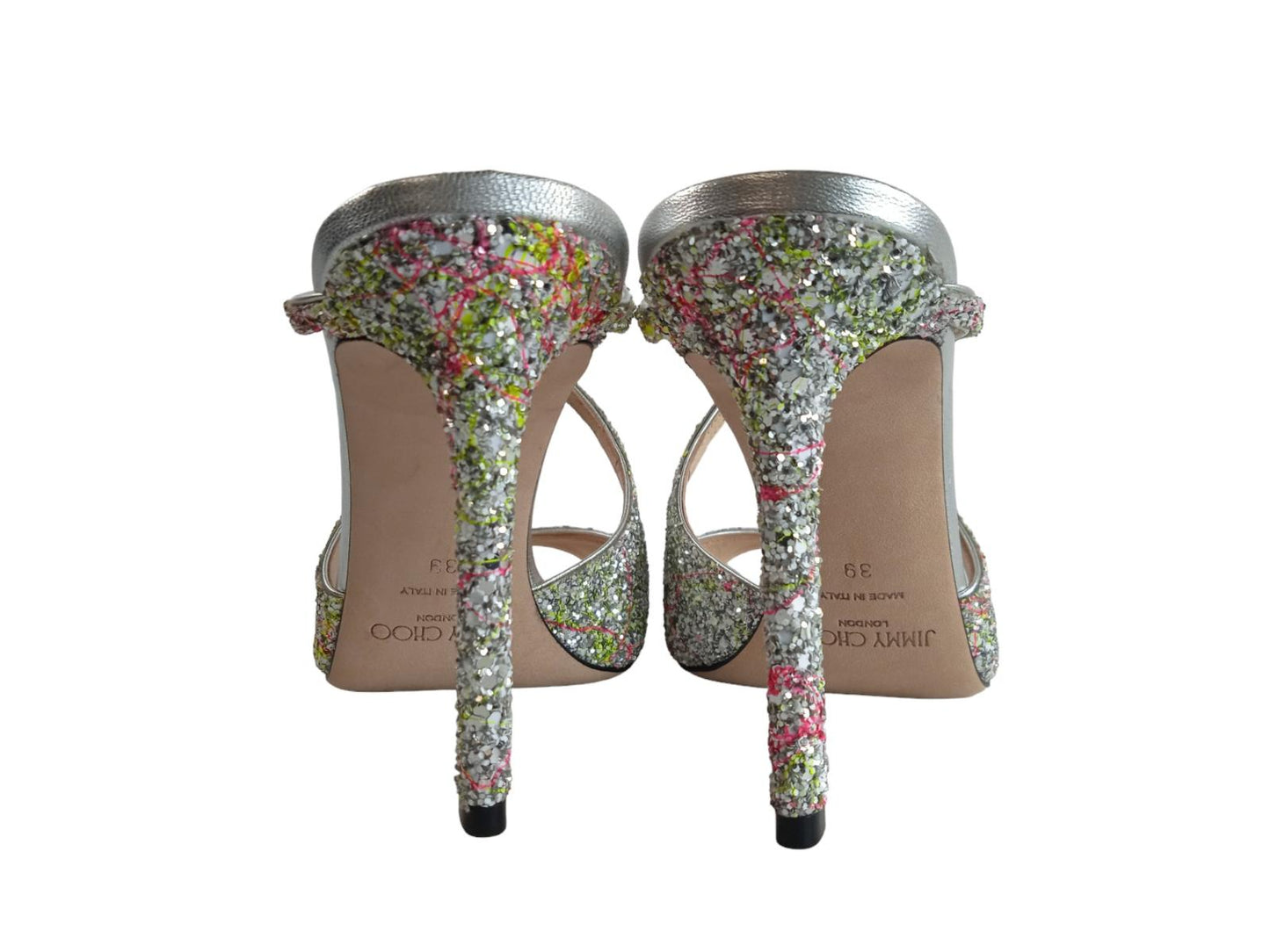 JIMMY CHOO Ladies Silver Glitter Detail Anise 95 Mules Size EU39 UK6 RRP675 NEW