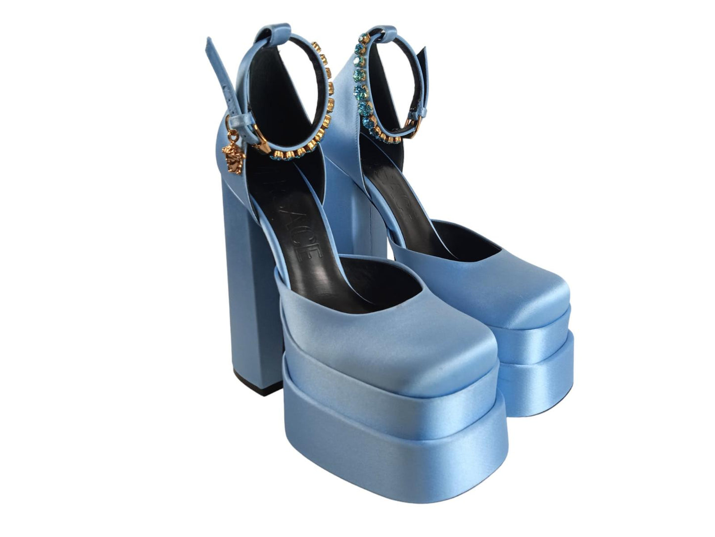 VERSACE Ladies Ice Blue Satin Mary Jane Platform Sandals EU36 UK3 RRP1100 NEW