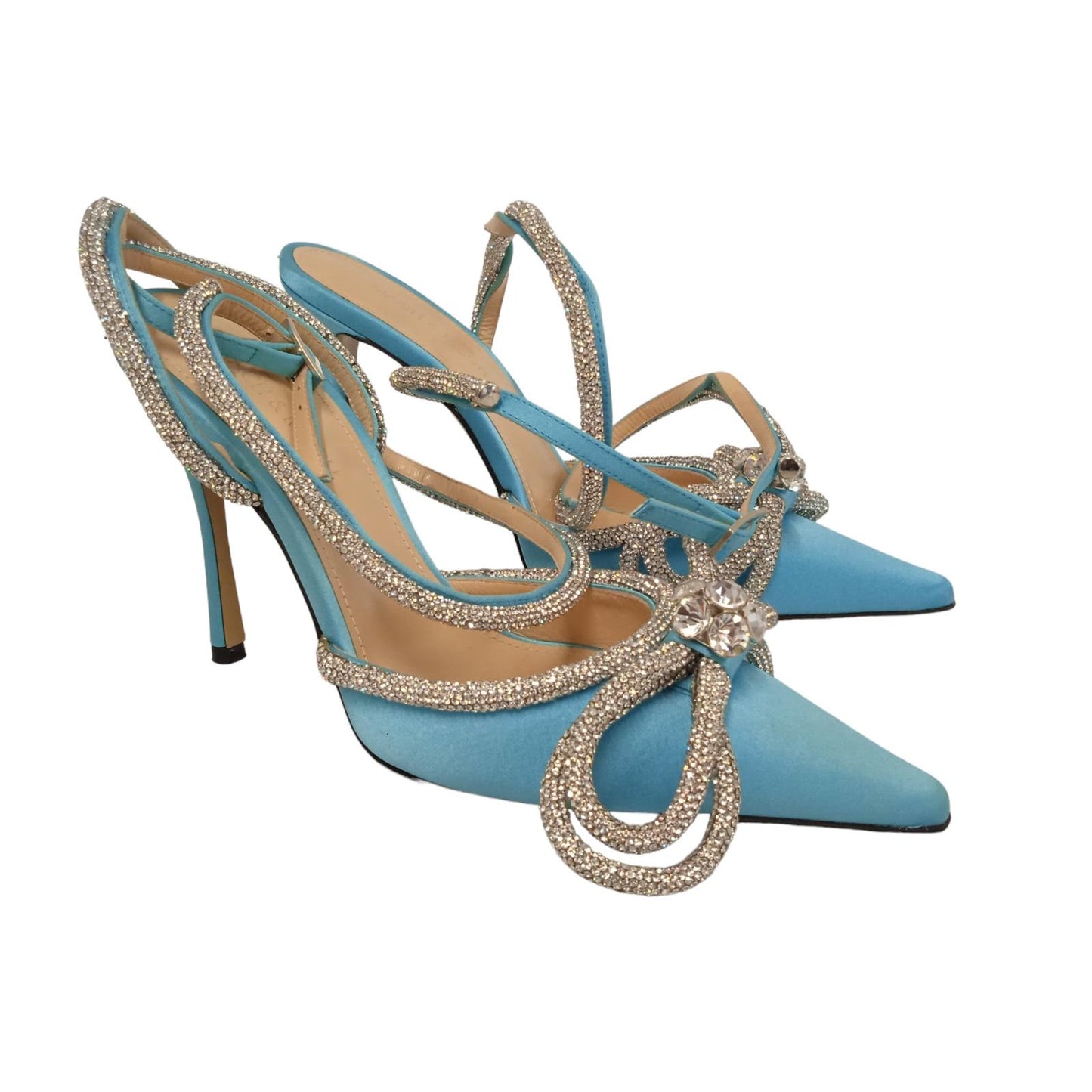 MACH & MACH Ladies Ocean Blue Satin Double Bow Sandals EU37 UK4 RRP995 NEW