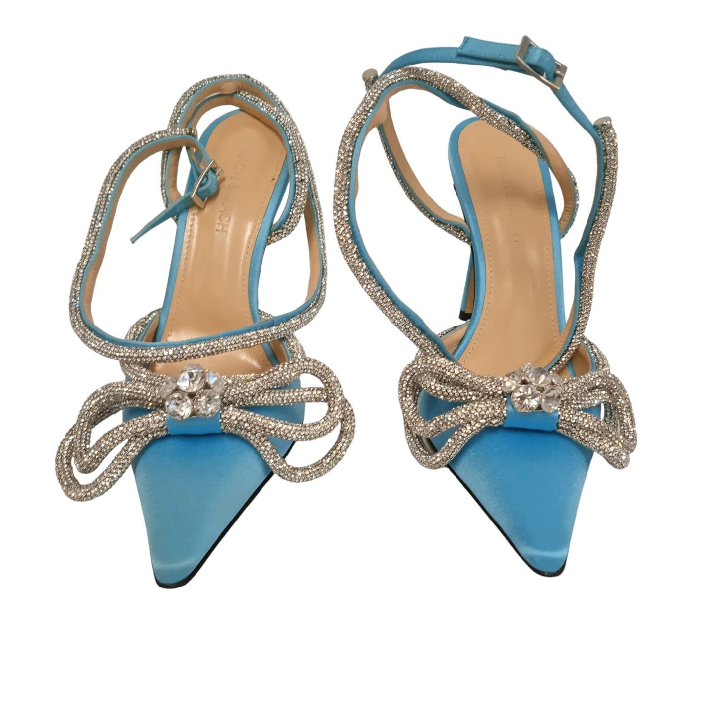 MACH & MACH Ladies Ocean Blue Satin Double Bow Sandals EU37 UK4 RRP995 NEW