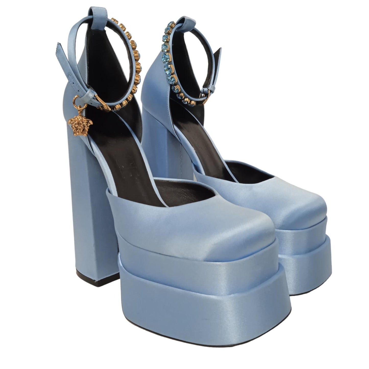 VERSACE Ladies Blue Satin Crystal Strap Platform Heels IT38 UK5 RRP1100 NEW