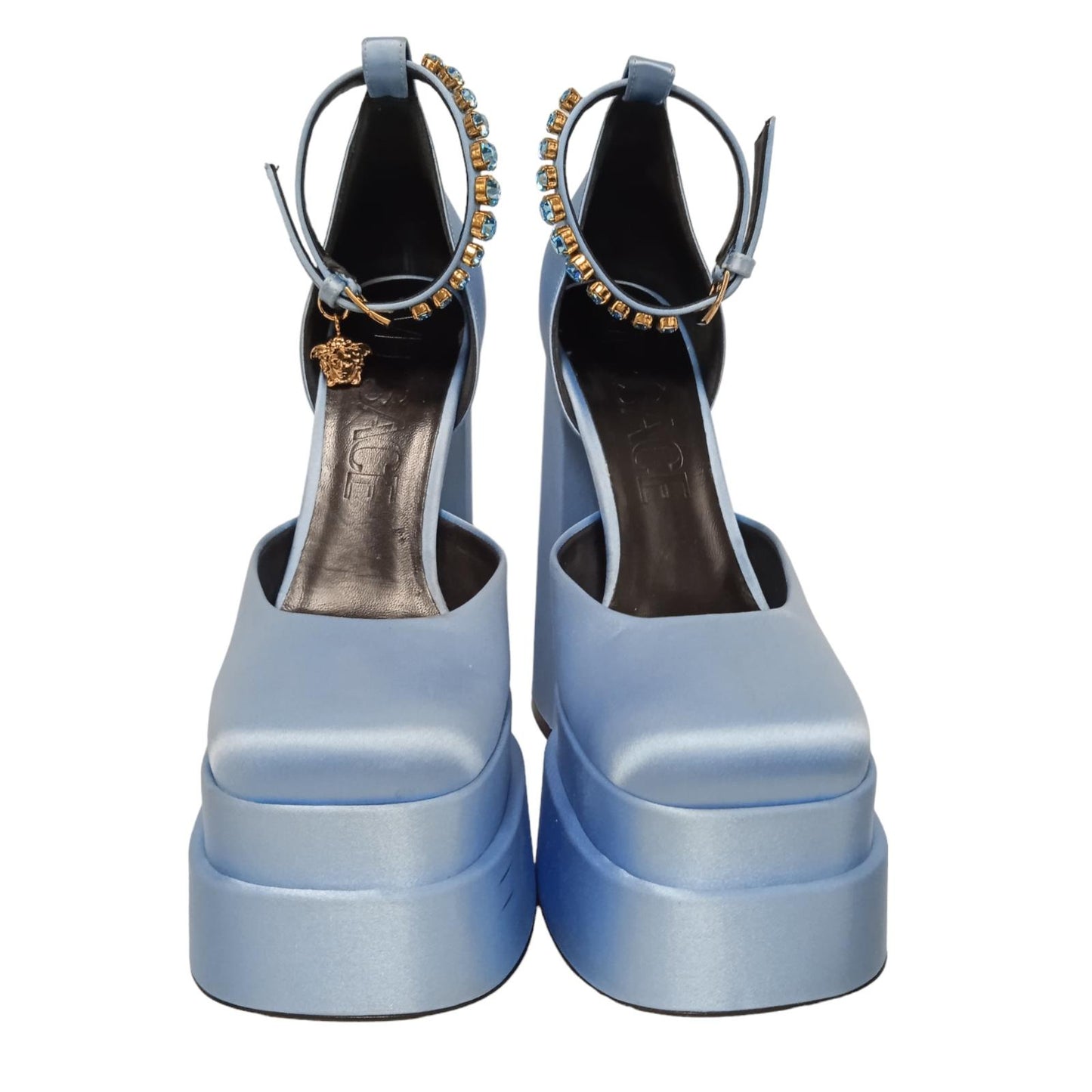 VERSACE Ladies Blue Satin Crystal Strap Platform Heels IT38 UK5 RRP1100 NEW