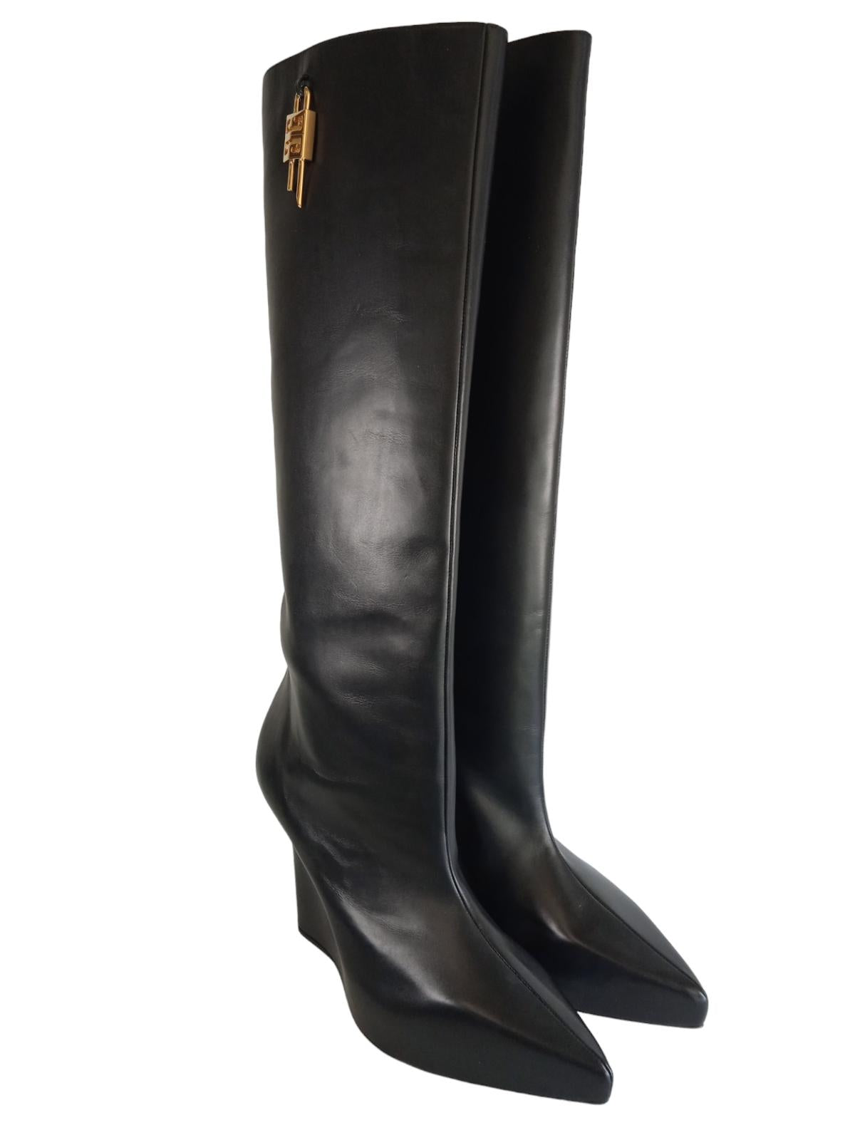 GIVENCHY Ladies Black Leather G-Lock Wedge Knee High Boots EU41 UK8 RRP1540 NEW