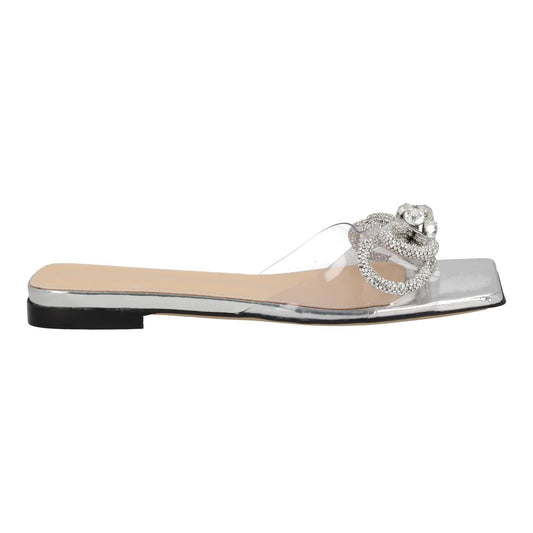 MACH & MACH Double Bow Flat Slip On Shoes Square Toe Silver IT36 UK3 NEW RRP825