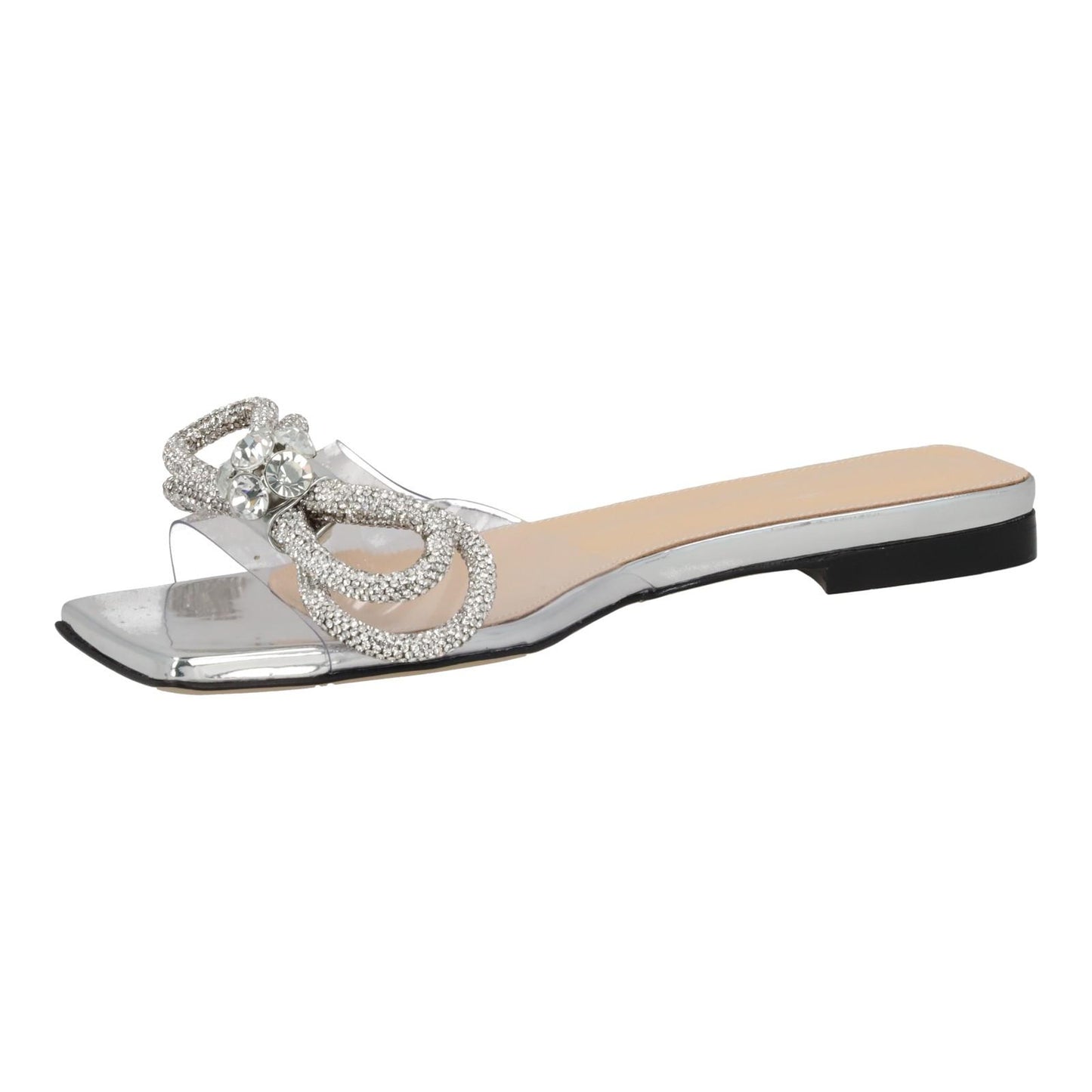 MACH & MACH Double Bow Flat Slip On Shoes Square Toe Silver IT36 UK3 NEW RRP825
