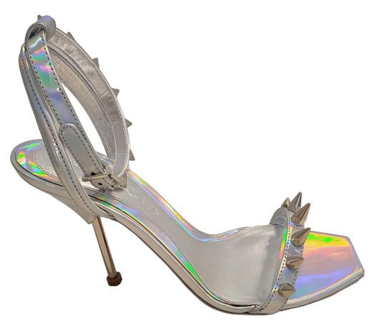 ALEXANDER MCQUEEN Spike Holo Sandals Leather Heeled Silver EU40 UK7 NEW RRP690