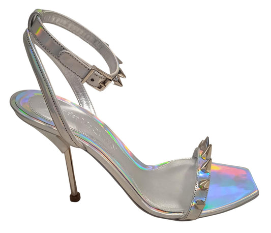ALEXANDER MCQUEEN Spike Holo Sandals Leather Heeled Silver EU41 UK8 NEW RRP690