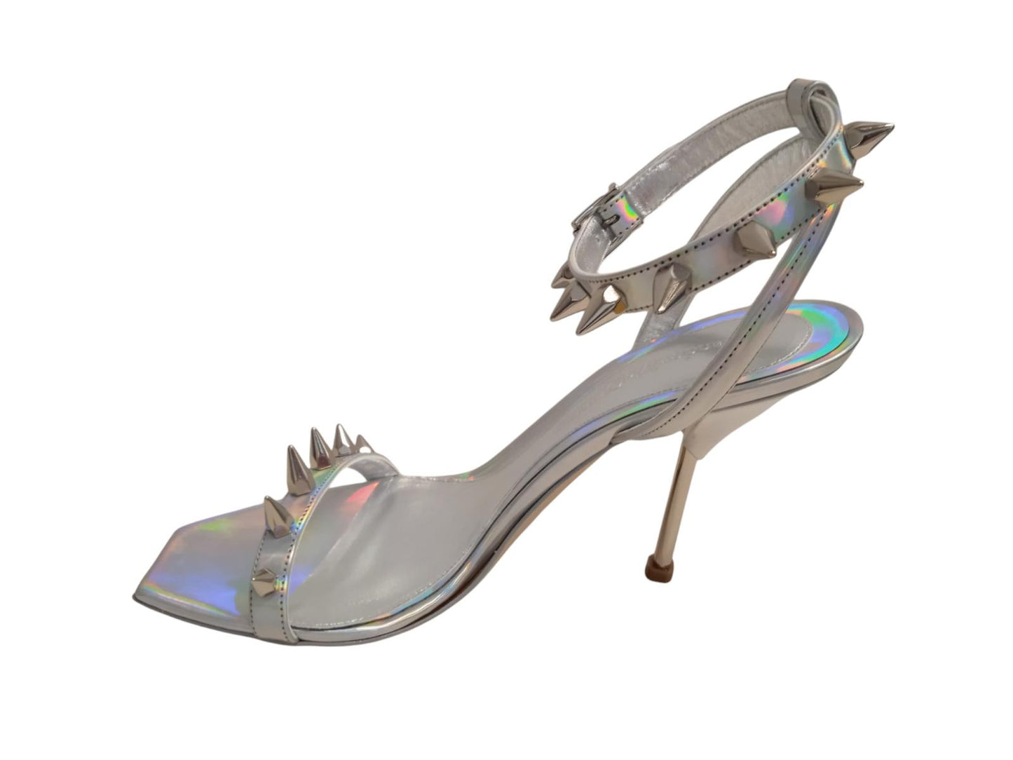 ALEXANDER MCQUEEN Spike Holo Sandals Leather Heeled Silver EU41 UK8 NEW RRP690