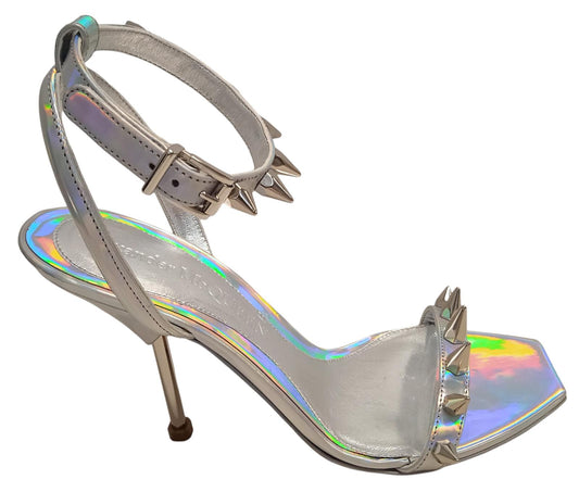 ALEXANDER MCQUEEN Spike Holo Sandals Leather Heeled Silver EU38 UK5 NEW RRP690