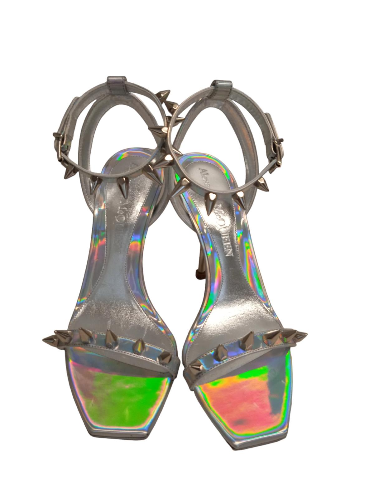 ALEXANDER MCQUEEN Spike Holo Sandals Leather Heeled Silver EU38 UK5 NEW RRP690