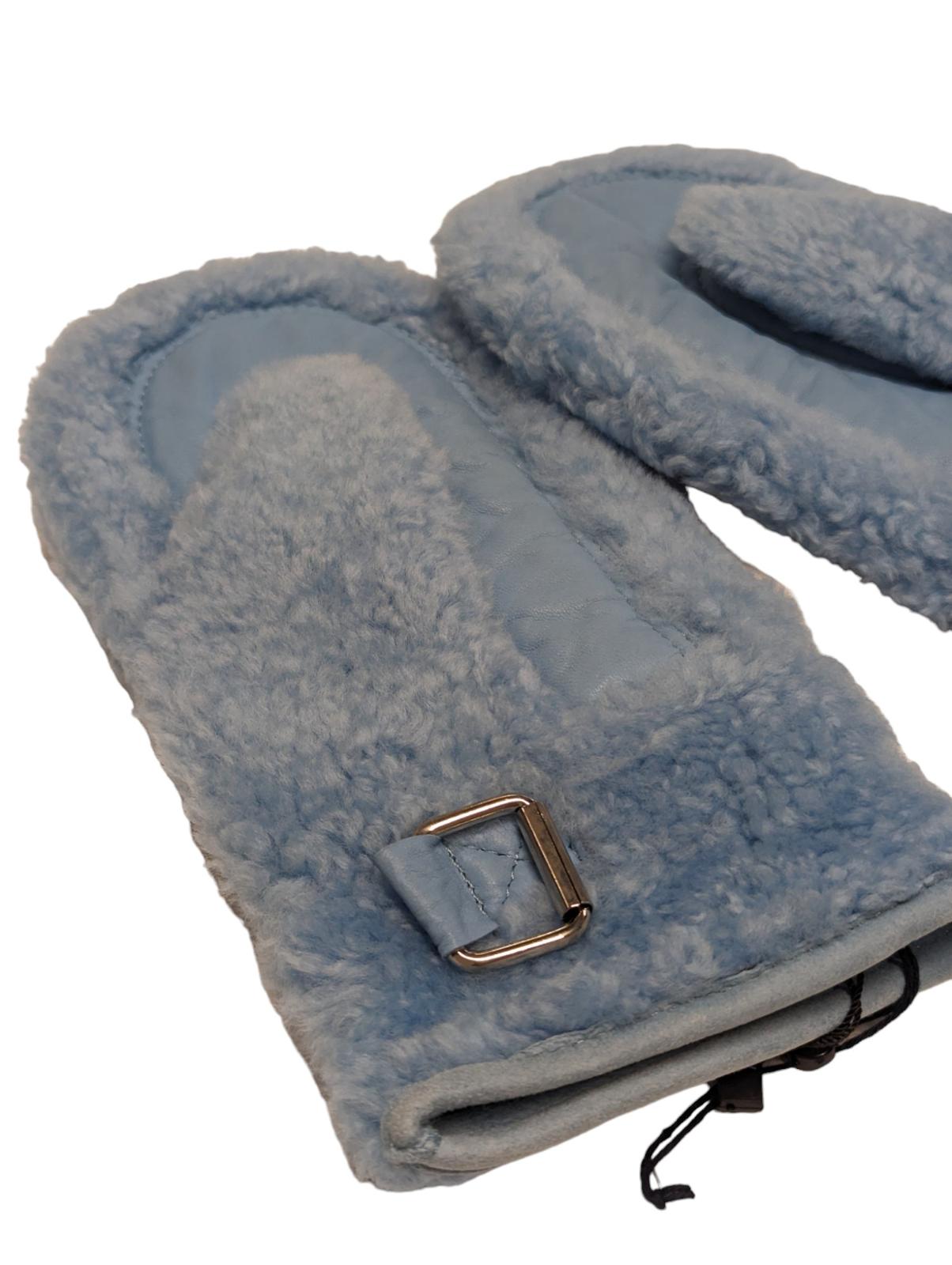 JACQUEMUS Shearling Winter Warm Gloves Light Blue Mittens Calf Skin NEW RRP 435