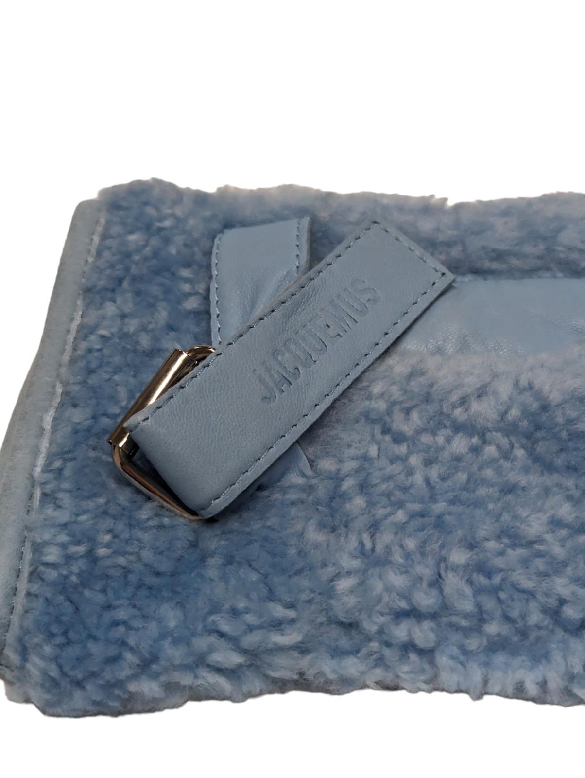 JACQUEMUS Shearling Winter Warm Gloves Light Blue Mittens Calf Skin NEW RRP 435