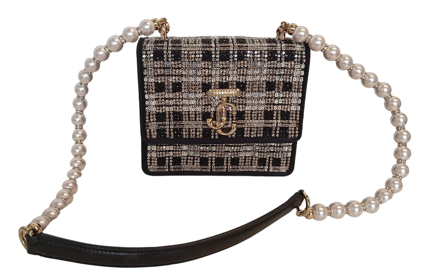 JIMMY CHOO Varenne XS Tartan Bag Faux Pearl Strap Satin Black NEW RRP2795