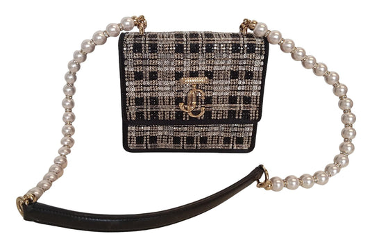 JIMMY CHOO Varenne XS Tartan Bag Faux Pearl Strap Satin Black NEW RRP2795