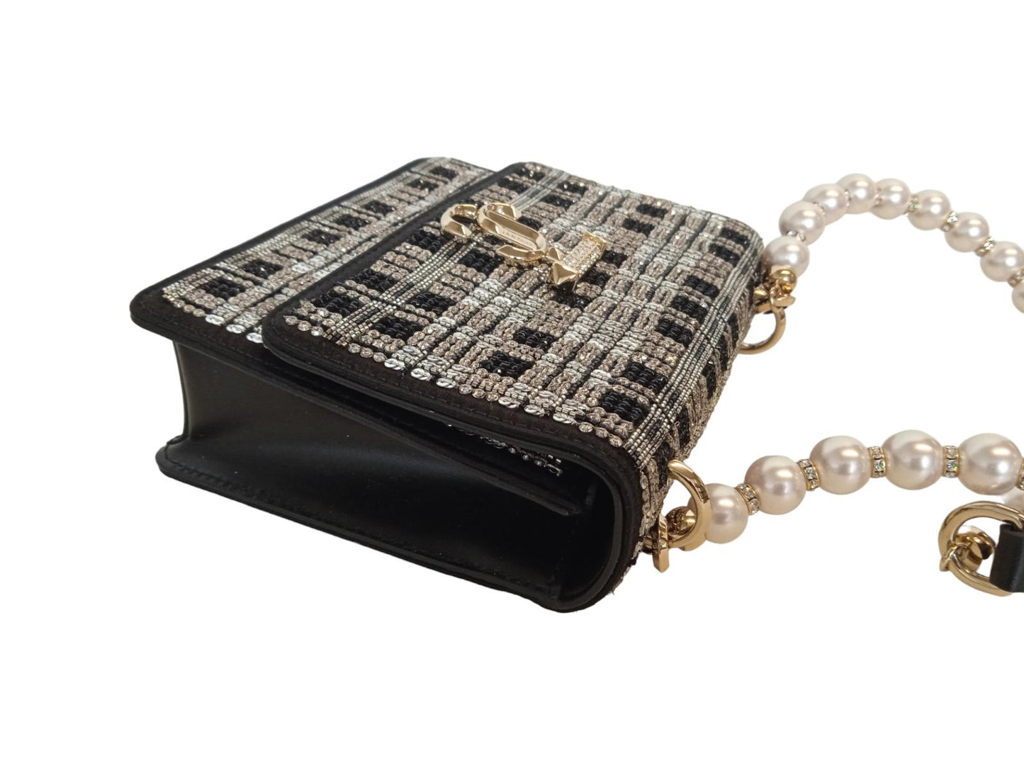 JIMMY CHOO Varenne XS Tartan Bag Faux Pearl Strap Satin Black NEW RRP2795