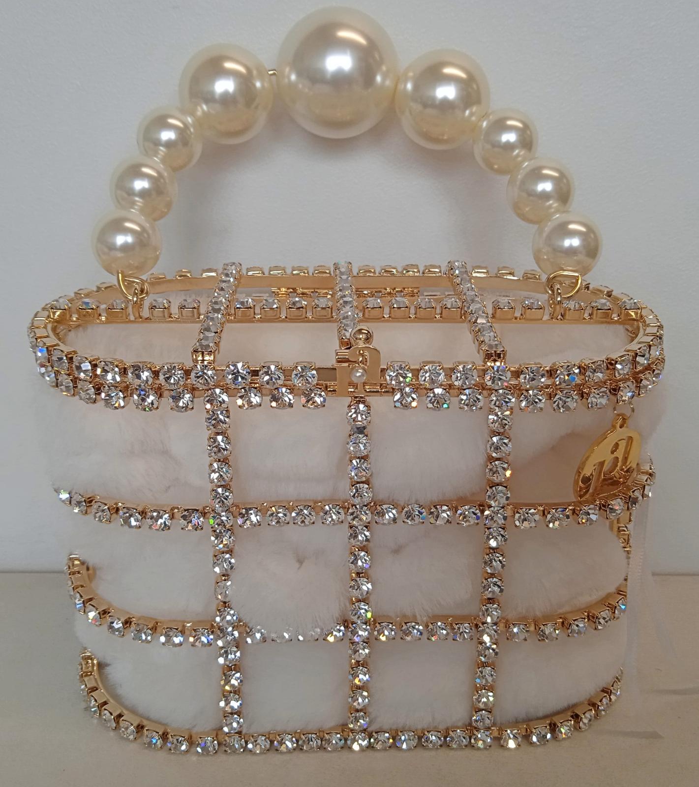 ROSANTICA Holli Crystal & Faux Pearl Bag Top Handle White/Gold OS NEW RRP820