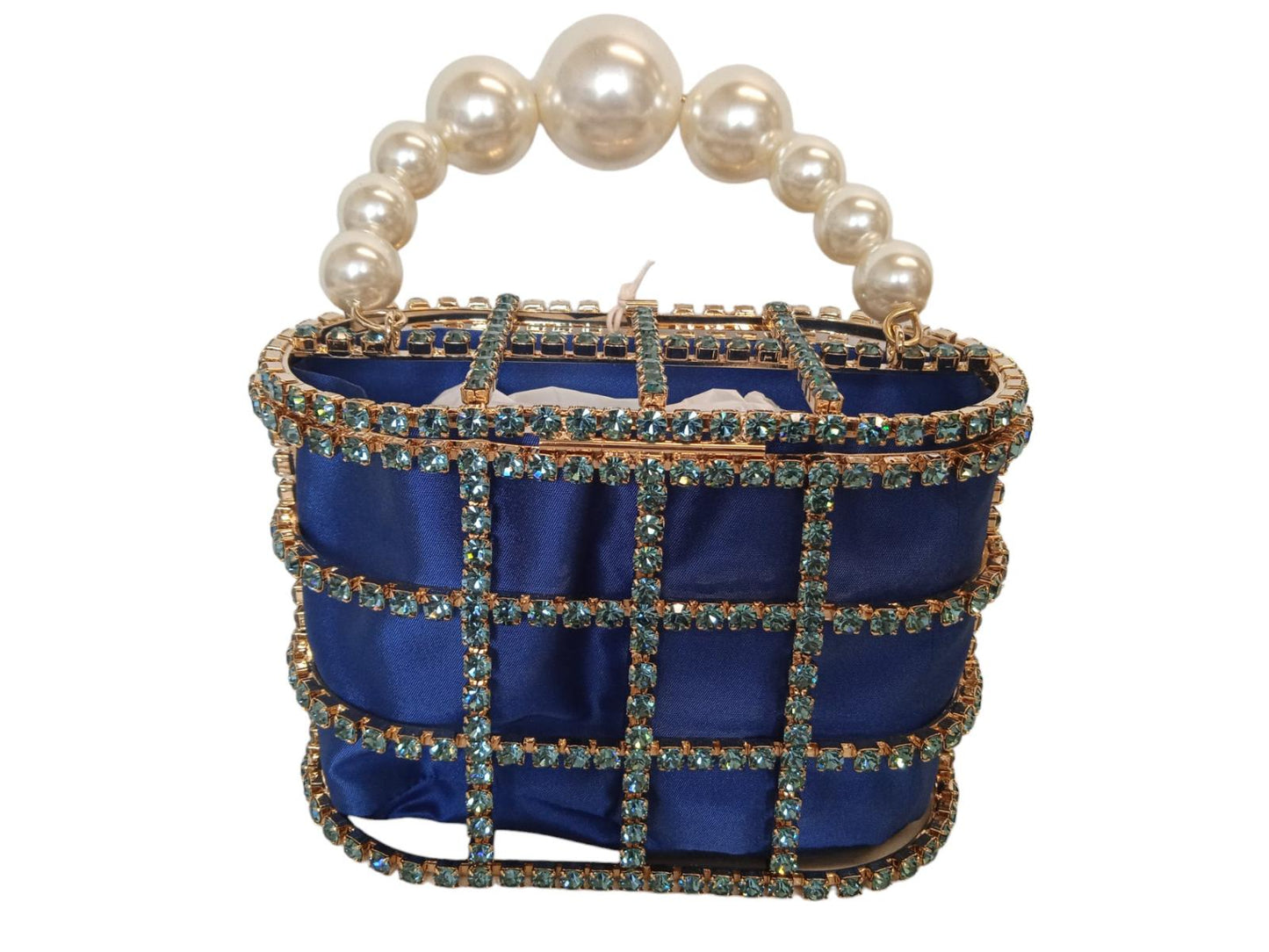 ROSANTICA Holli Crystal & Faux Pearl Bag Top Handle Blue/Gold OS NEW RRP815