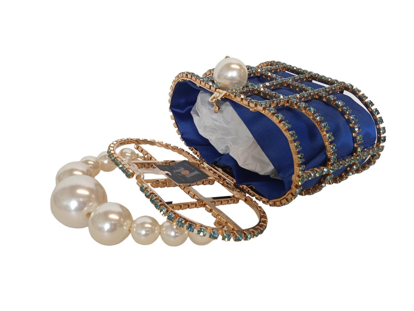 ROSANTICA Holli Crystal & Faux Pearl Bag Top Handle Blue/Gold OS NEW RRP815