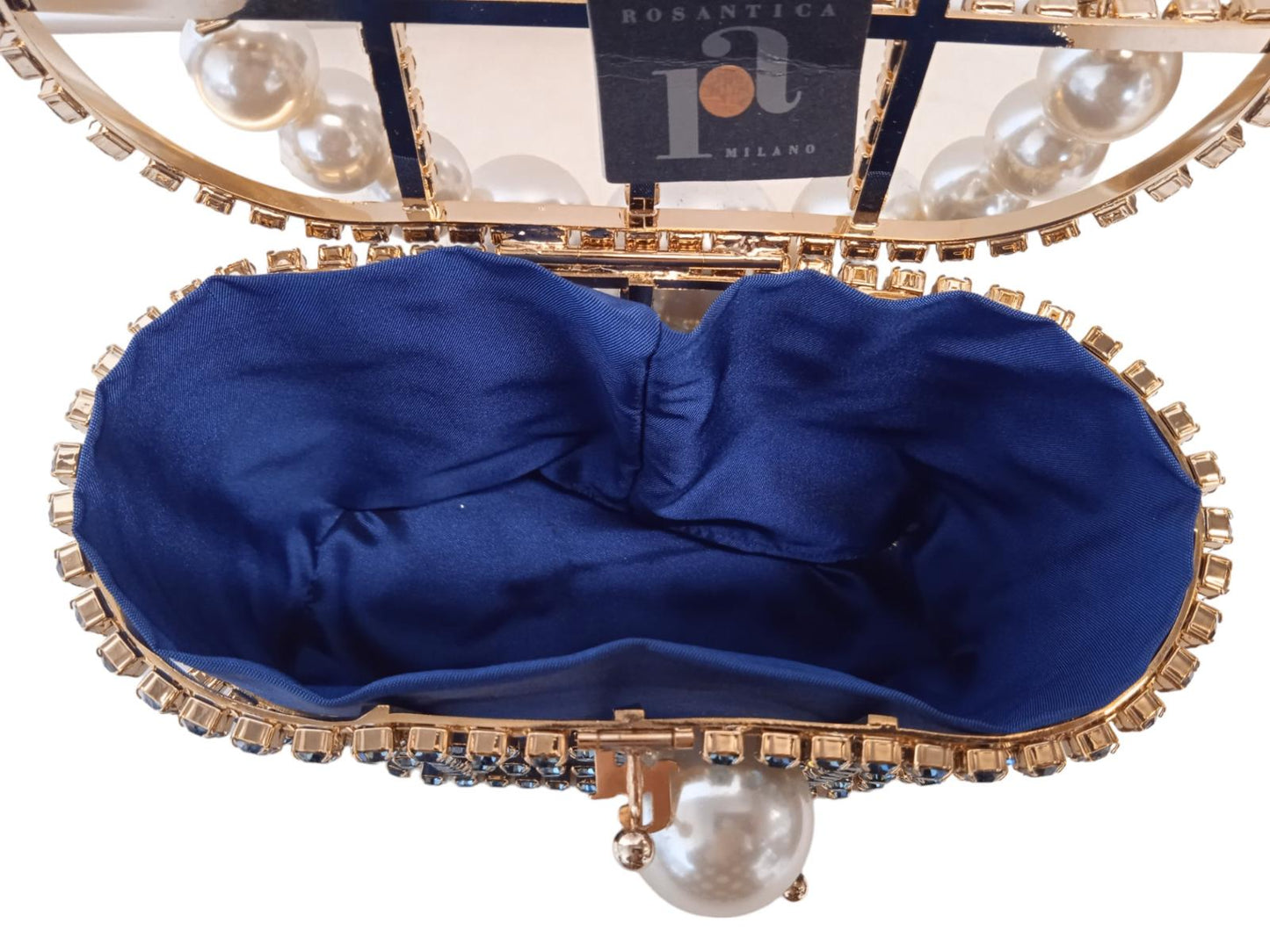 ROSANTICA Holli Crystal & Faux Pearl Bag Top Handle Blue/Gold OS NEW RRP815