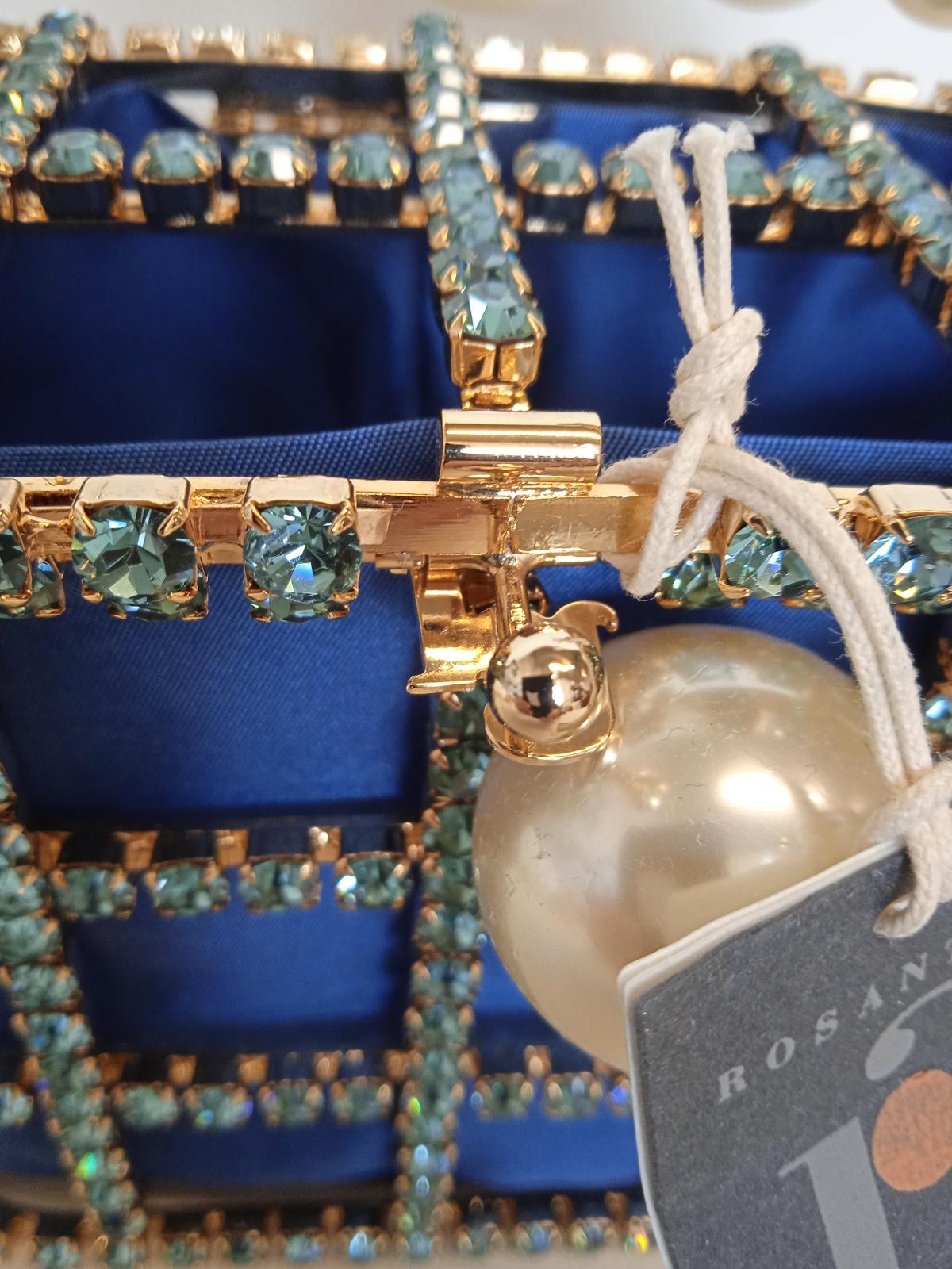 ROSANTICA Holli Crystal & Faux Pearl Bag Top Handle Blue/Gold OS NEW RRP815