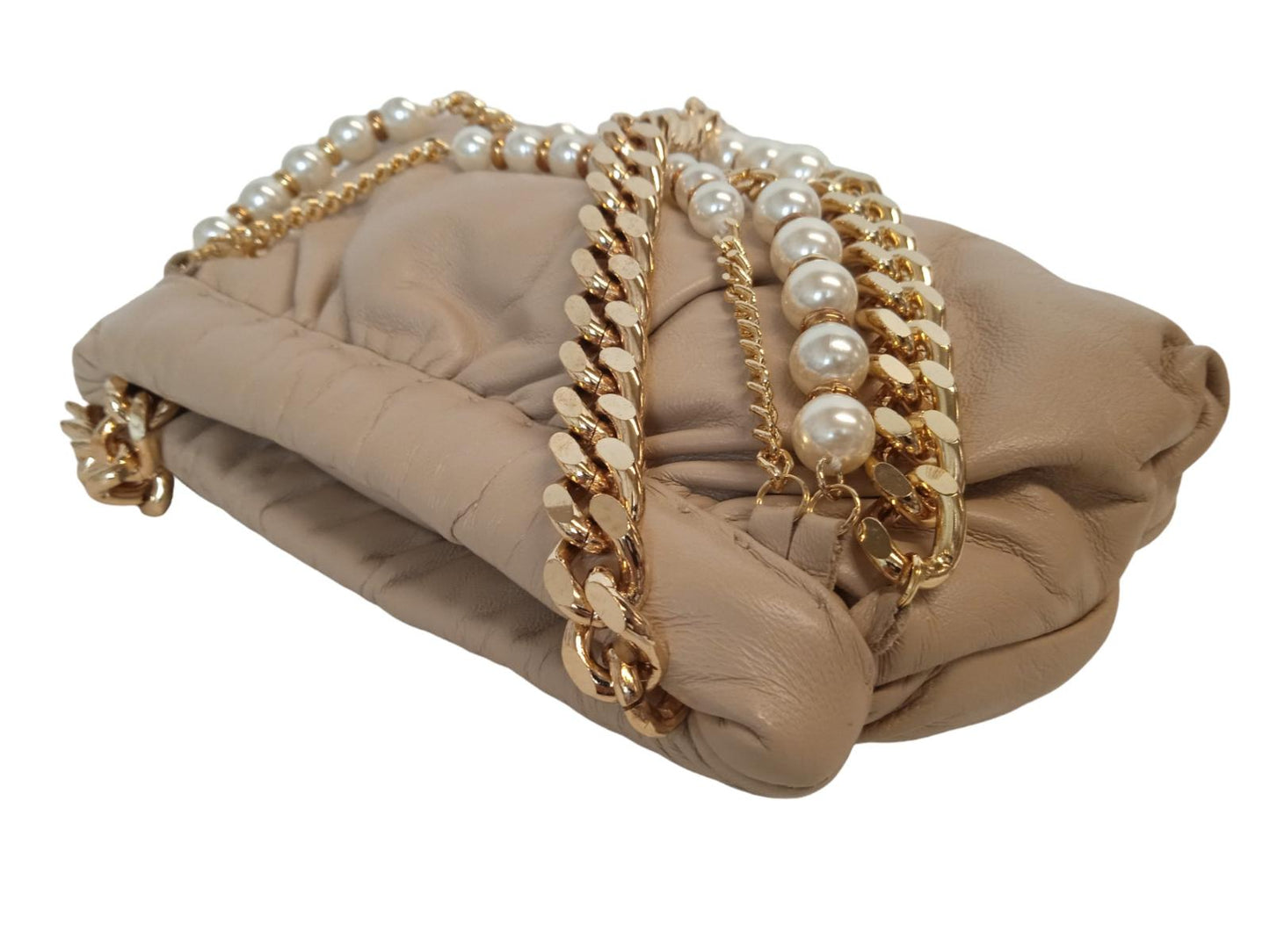 ROSANTICA Glam Pearls Bag Clutch Chain Straps Leather Beige OS NEW RRP560