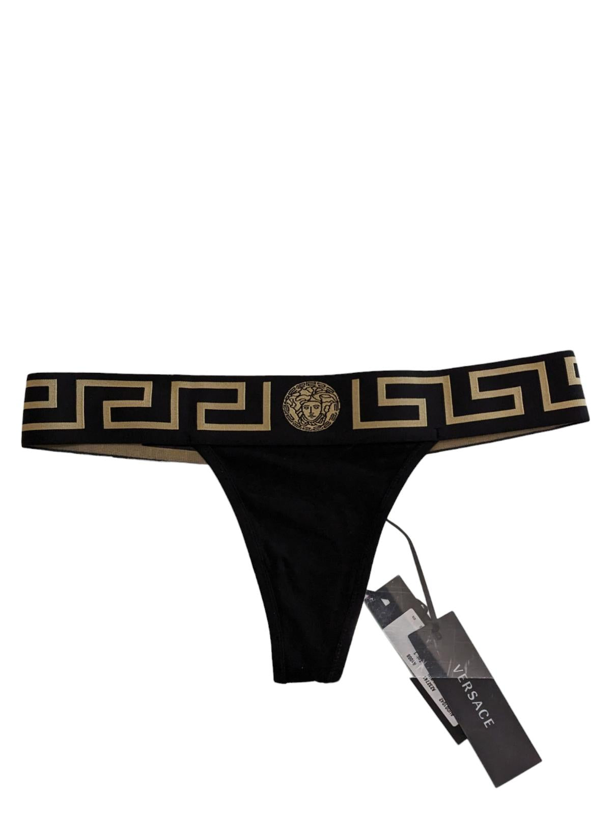 VERSACE Ladies Thong Greca Waistsband Black Organic Cotton Size XS NEW RRP 60