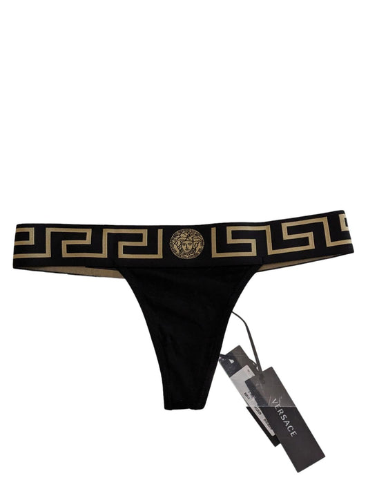 VERSACE Ladies Thong Greca Waistsband Black Organic Cotton Size XS NEW RRP 60