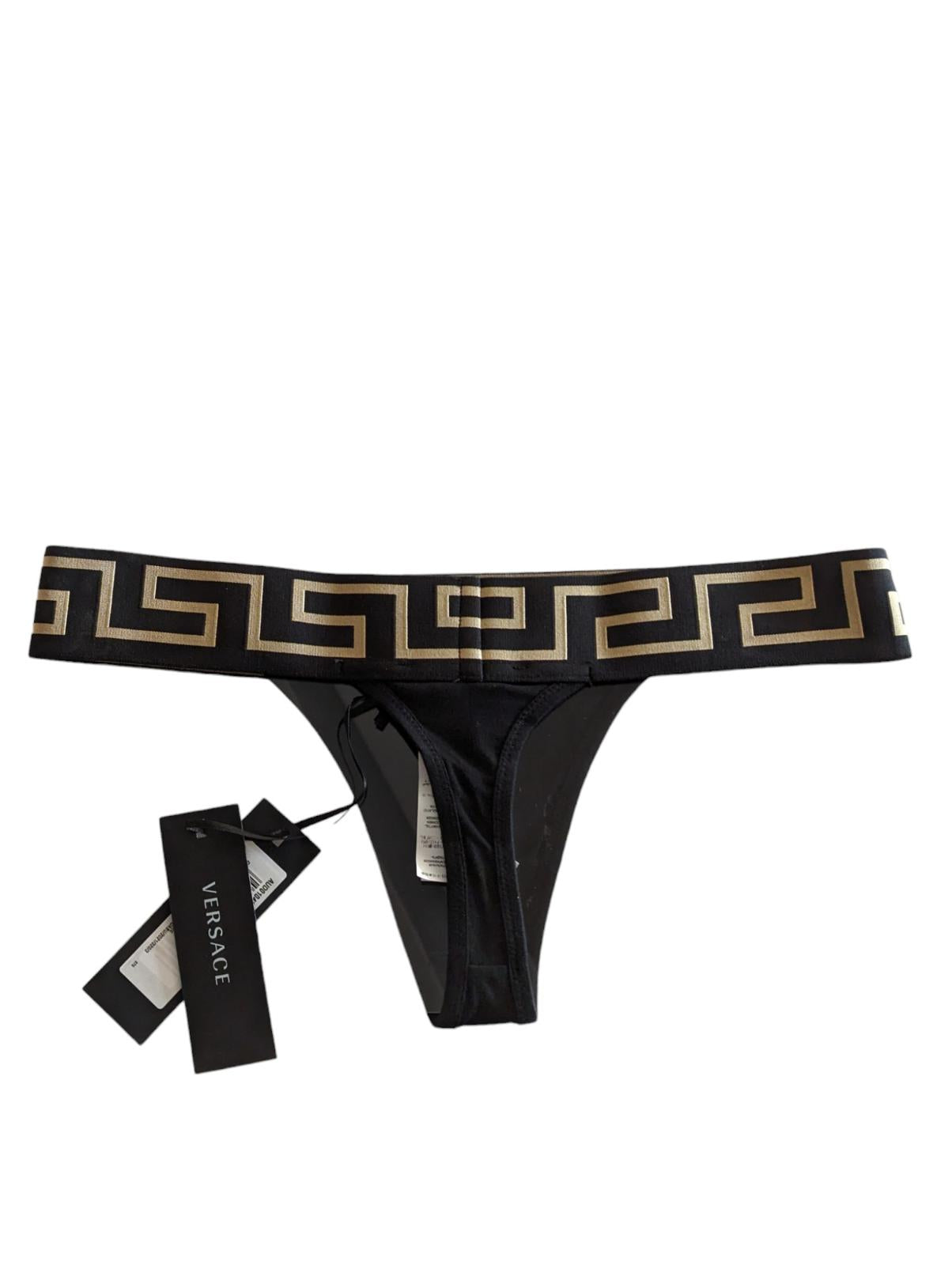 VERSACE Ladies Thong Greca Waistsband Black Organic Cotton Size XS NEW RRP 60