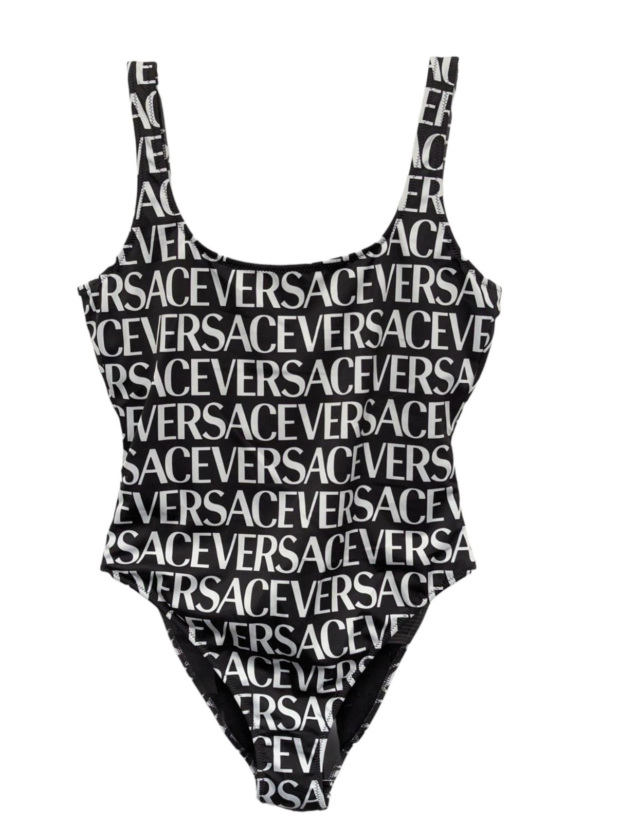 VERSACE Swimsuit Scoop Neck Logo Print Black Swim Costume Size S NEW RRP 435