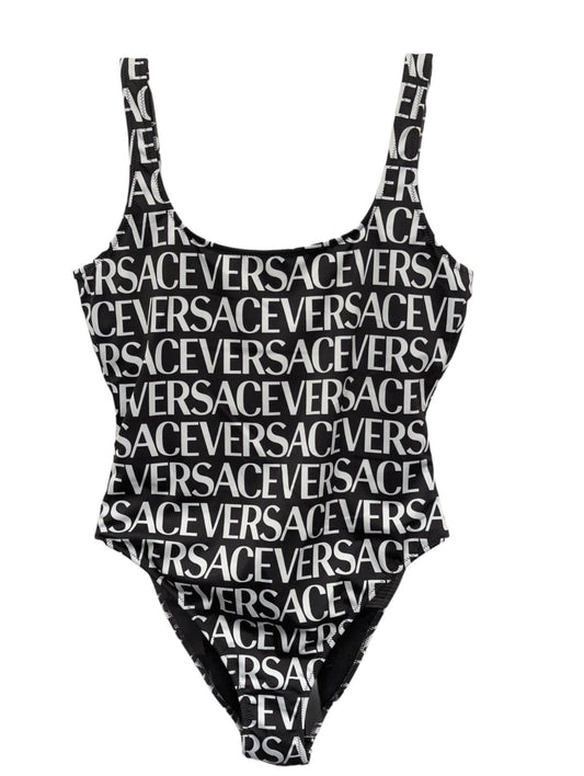VERSACE Swimsuit Scoop Neck Logo Print Black Swim Costume Size S NEW RRP 435