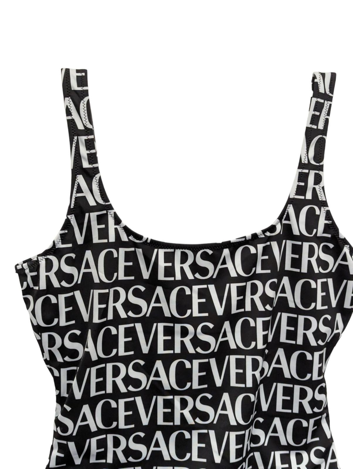 VERSACE Swimsuit Scoop Neck Logo Print Black Swim Costume Size S NEW RRP 435