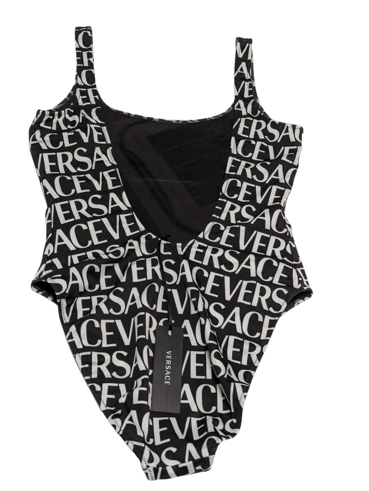 VERSACE Swimsuit Scoop Neck Logo Print Black Swim Costume Size S NEW RRP 435