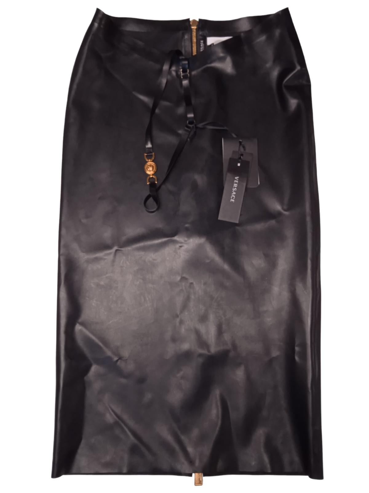 VERSACE Latex Black Knee Length Hip Strap Skirt Ladies Size IT36 UK4 RRP1580 NEW