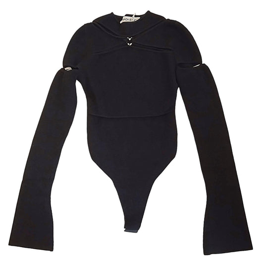 MACH & MACH Camille Bodysuit Ribbed Cut Out Crystal Heart Black M NEW RRP595