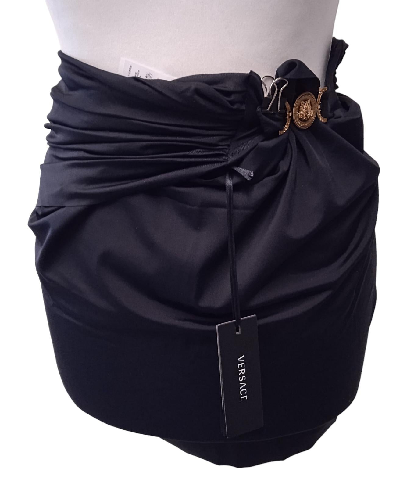 VERSACE Pareo Mini Skirt Ruched Draped Wrap Gold Medusa Black S/M NEW RRP435