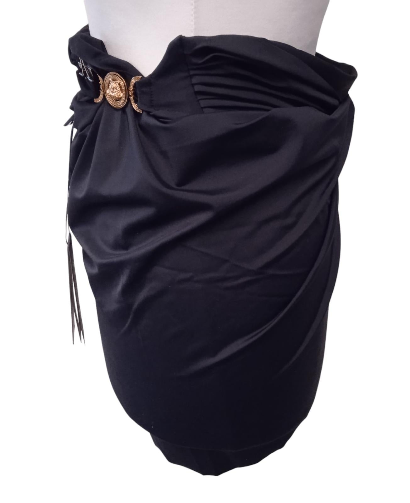 VERSACE Pareo Mini Skirt Ruched Draped Wrap Gold Medusa Black S/M NEW RRP435