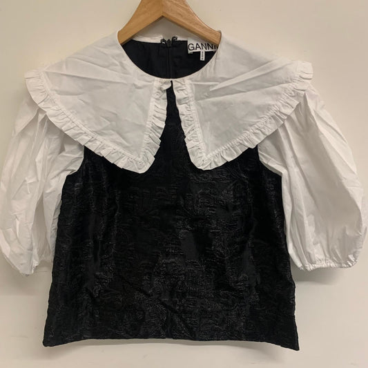GANNI Black Ladies White Short Sleeve Collared Basic Blouse Size UK S NEW