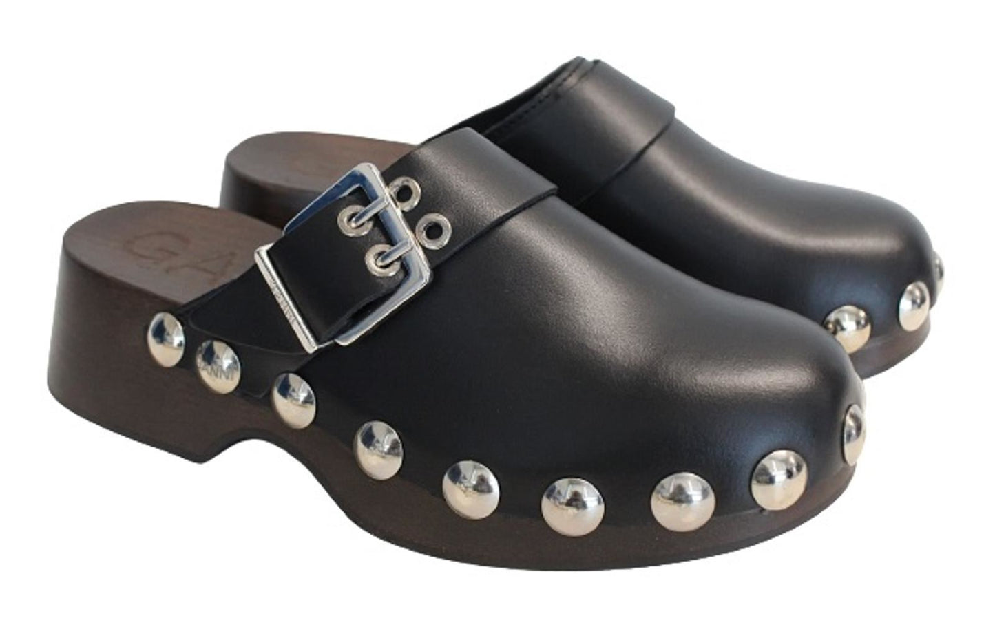 GANNI Ladies S1917 Black Leather Studded Buckled Wood Clogs EU37 UK4 NEW RRP295