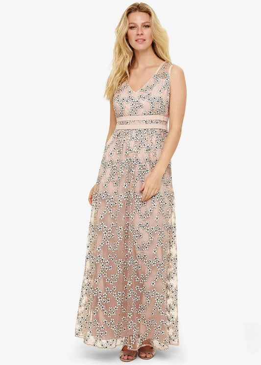Phase Eight Coraline Lace Maxi Long Dress Nude/White V-Neck Size UK6 RRP275