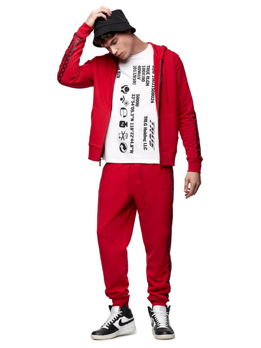 TRUE RELIGION Men's Ruby Red Hooded Graphic Sleeve Zip Up Jumper XS RRP149 BNWT