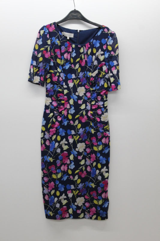 HOBBS Ladies Claudia Navy Blue Silk Blend Floral Round Neck Dress UK6 BNWT