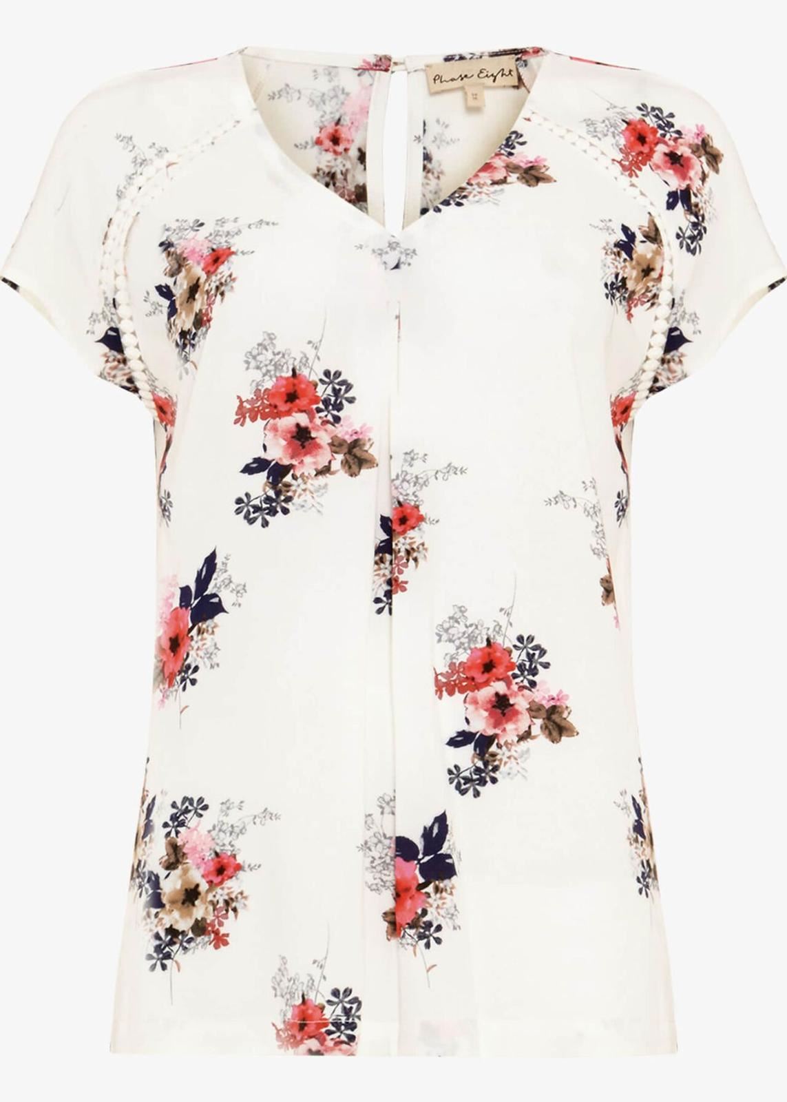 PHASE EIGHT Ladies Ivory Elsa Floral Print Short Sleeve Blouse Size UK8 BNWT