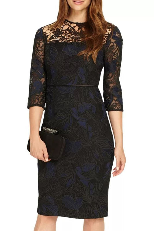 PHASE EIGHT Ladies Black Sapphire Blue Isadora Lace Pencil Dress UK12 BNWT