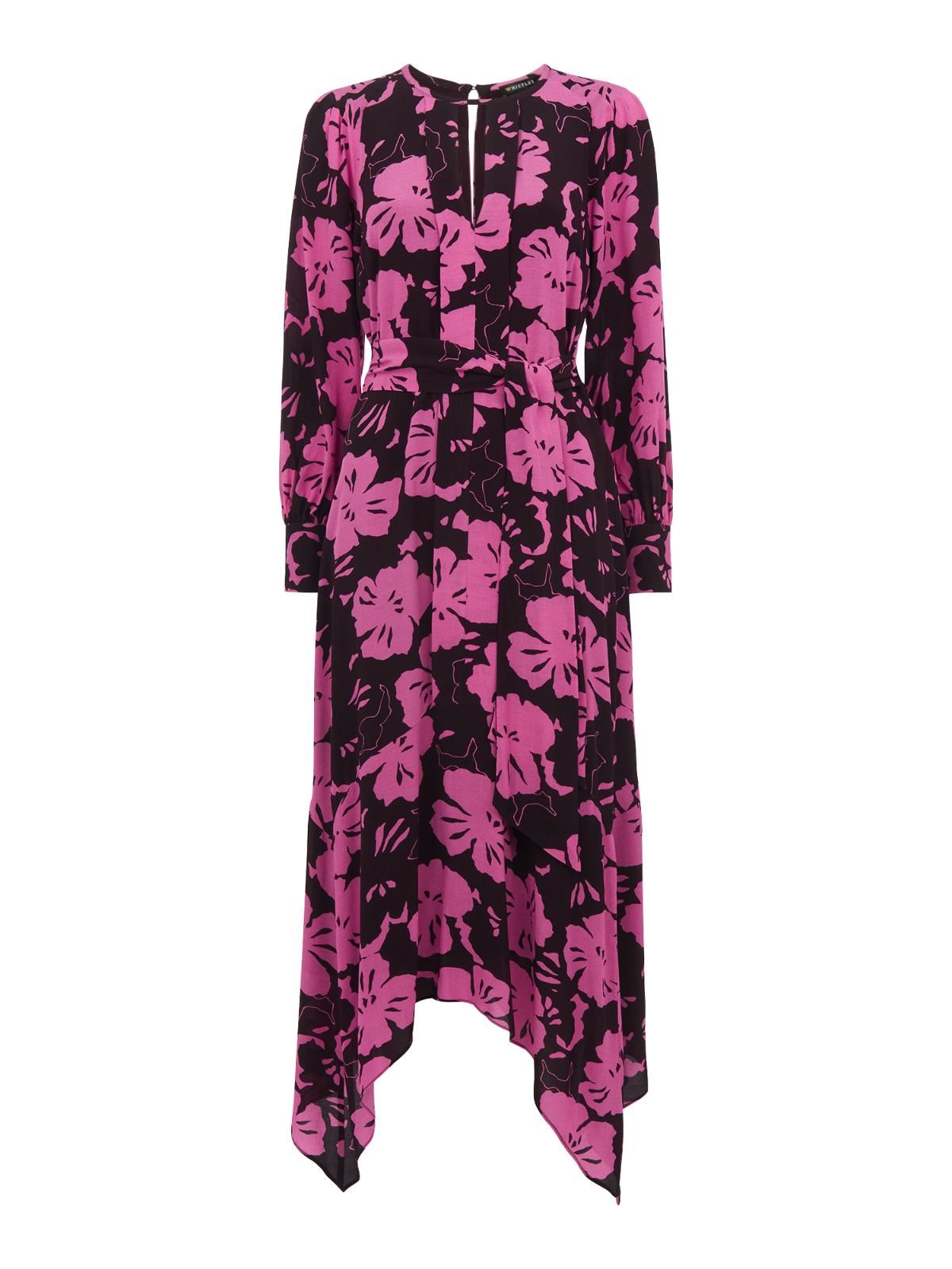 WHISTLES Ladies Ari Pink Black Hibiscus Belted Midi Dress UK6 BNWT RRP249