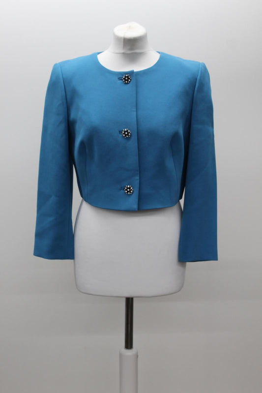 HOBBS Ladies Gigi Turquoise Blue 3/4 Sleeve Cropped Blazer UK12 BNWT RRP189