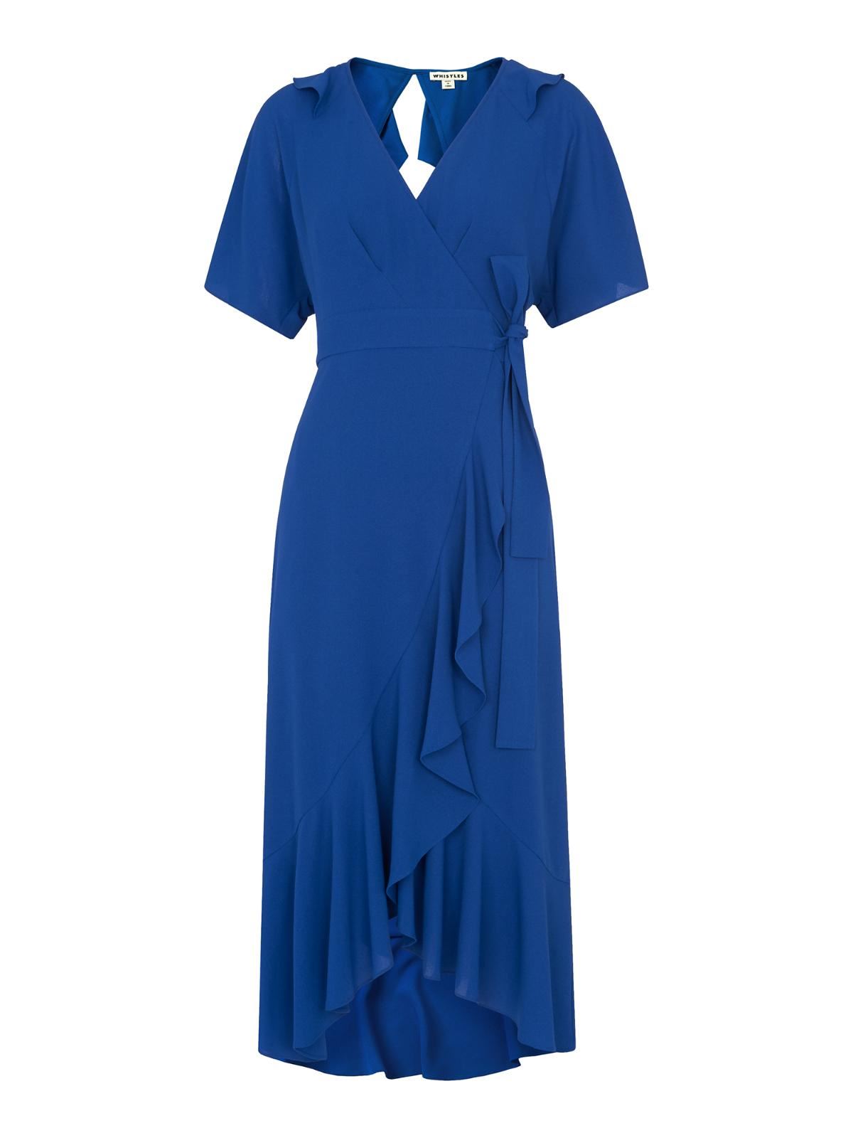 WHISTLES Abigail Frill Wrap Midi Dress Blue Short Sleeve UK6 RRP159 BNWT