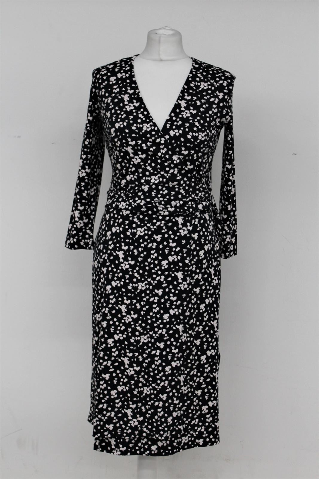 HOBBS Ladies Navy Blue Ivory Spotted 3/4 Sleeve Sally Wrap Dress UK8 RRP99 BNWT