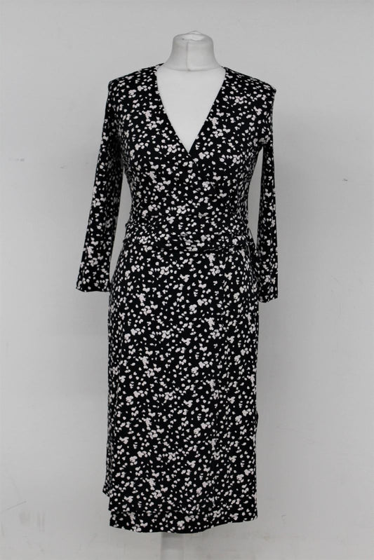 HOBBS Ladies Navy Blue Ivory Spotted 3/4 Sleeve Sally Wrap Dress UK8 RRP99 BNWT